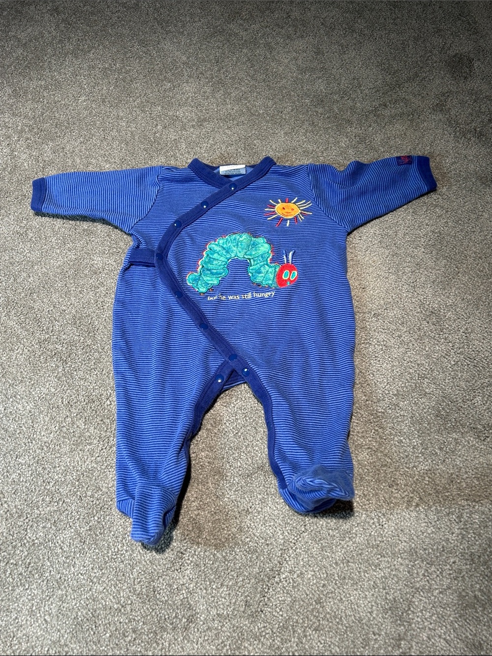 Vintage Carter's Blue Striped Footed One-Piece with Caterpillar Applique